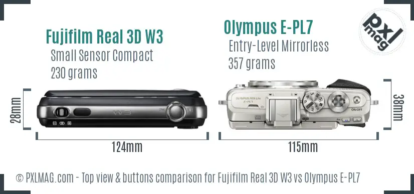 Fujifilm Real 3D W3 vs Olympus E-PL7 top view buttons comparison