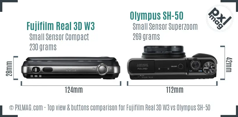 Fujifilm Real 3D W3 vs Olympus SH-50 top view buttons comparison Fujifilm Real 3D W3 vs Olympus SH-50 top view buttons comparison