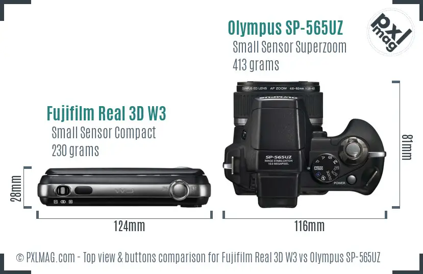 Fujifilm Real 3D W3 vs Olympus SP-565UZ top view buttons comparison