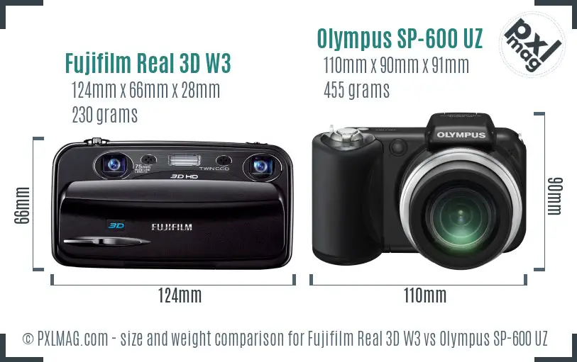 Fujifilm Real 3D W3 vs Olympus SP-600 UZ size comparison Fujifilm Real 3D W3 vs Olympus SP-600 UZ size comparison