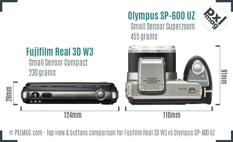 Fujifilm Real 3D W3 vs Olympus SP-600 UZ top view buttons comparison