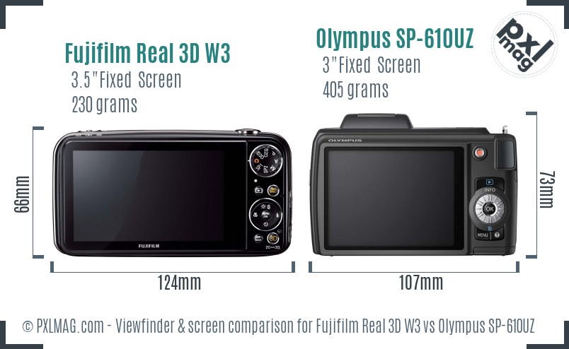 Fujifilm Real 3D W3 vs Olympus SP-610UZ Screen and Viewfinder comparison
