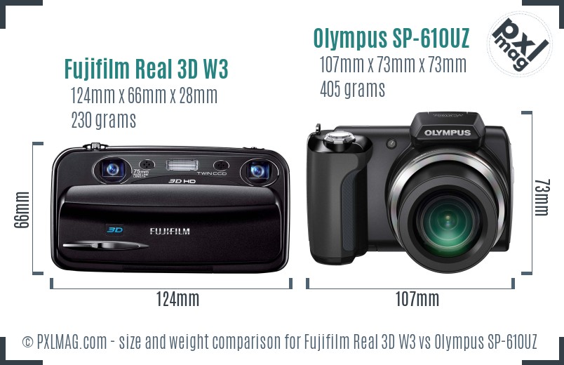 Fujifilm Real 3D W3 vs Olympus SP-610UZ size comparison Fujifilm Real 3D W3 vs Olympus SP-610UZ size comparison