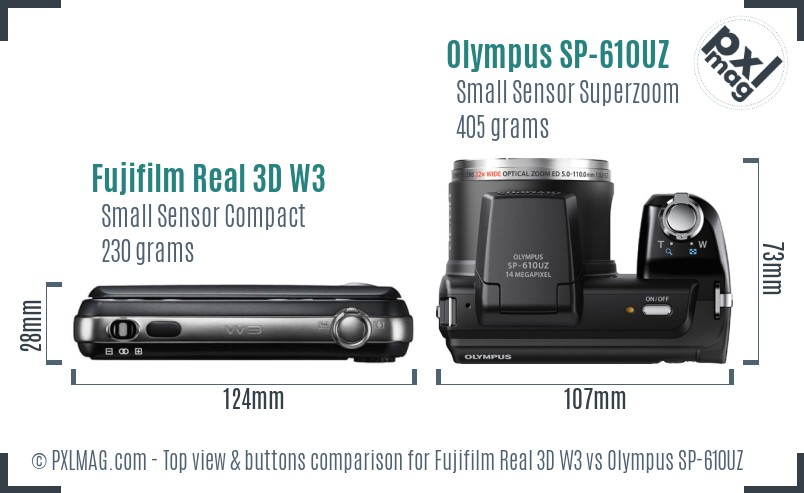 Fujifilm Real 3D W3 vs Olympus SP-610UZ top view buttons comparison