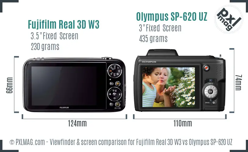 Fujifilm Real 3D W3 vs Olympus SP-620 UZ Screen and Viewfinder comparison