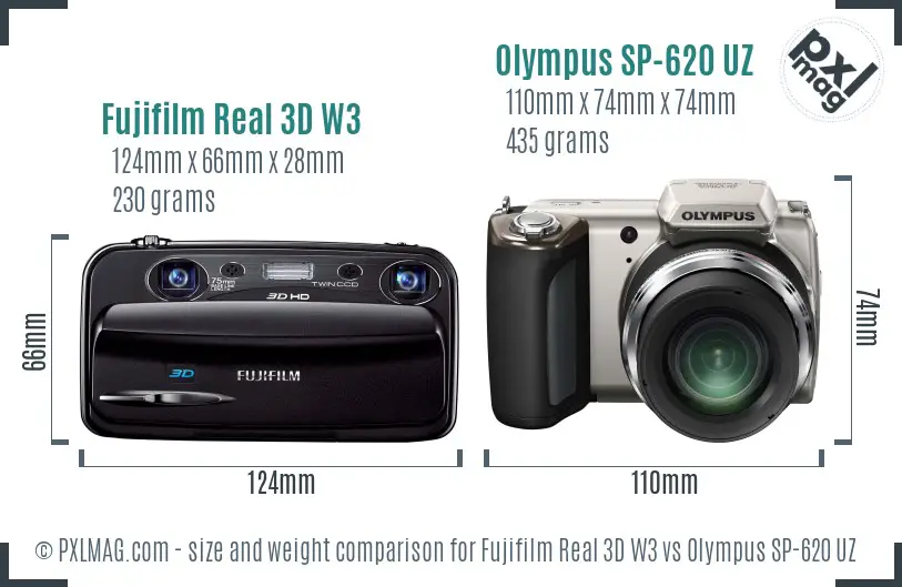 Fujifilm Real 3D W3 vs Olympus SP-620 UZ size comparison