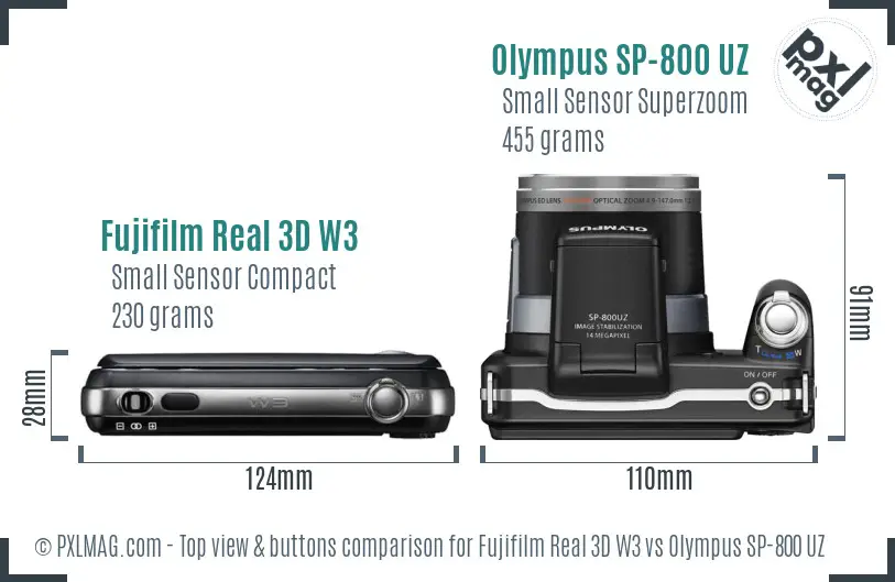 Fujifilm Real 3D W3 vs Olympus SP-800 UZ top view buttons comparison Fujifilm Real 3D W3 vs Olympus SP-800 UZ top view buttons comparison