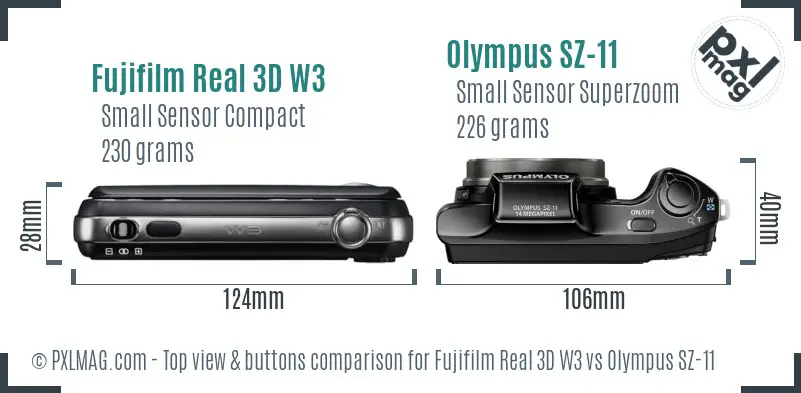 Fujifilm Real 3D W3 vs Olympus SZ-11 top view buttons comparison Fujifilm Real 3D W3 vs Olympus SZ-11 top view buttons comparison