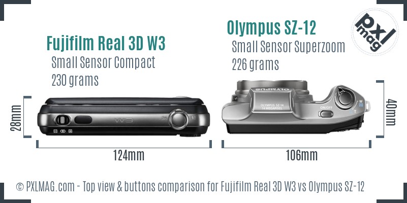 Fujifilm Real 3D W3 vs Olympus SZ-12 top view buttons comparison