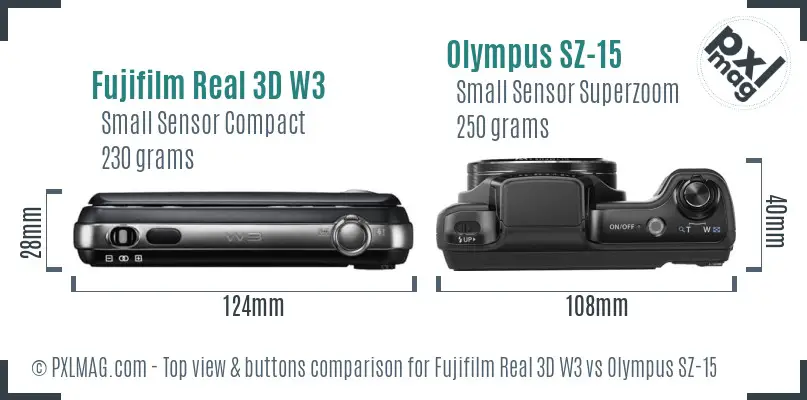 Fujifilm Real 3D W3 vs Olympus SZ-15 top view buttons comparison