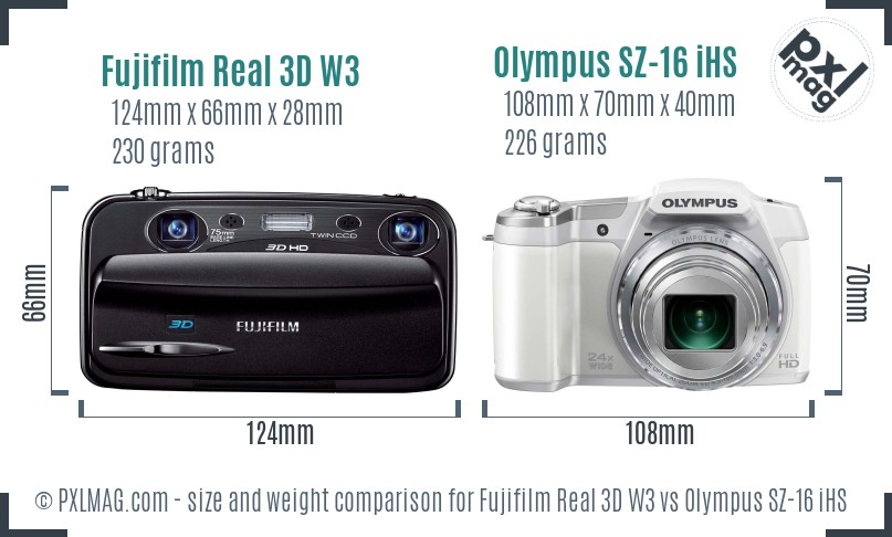 Fujifilm Real 3D W3 vs Olympus SZ-16 iHS size comparison