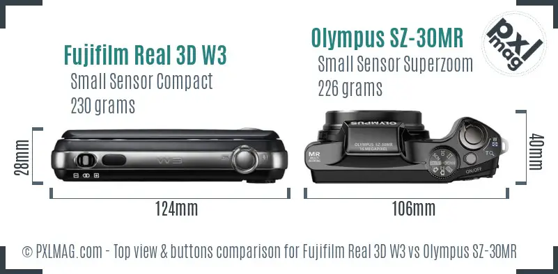 Fujifilm Real 3D W3 vs Olympus SZ-30MR top view buttons comparison Fujifilm Real 3D W3 vs Olympus SZ-30MR top view buttons comparison