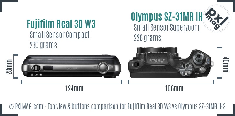 Fujifilm Real 3D W3 vs Olympus SZ-31MR iHS top view buttons comparison