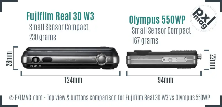 Fujifilm Real 3D W3 vs Olympus 550WP top view buttons comparison Fujifilm Real 3D W3 vs Olympus 550WP top view buttons comparison