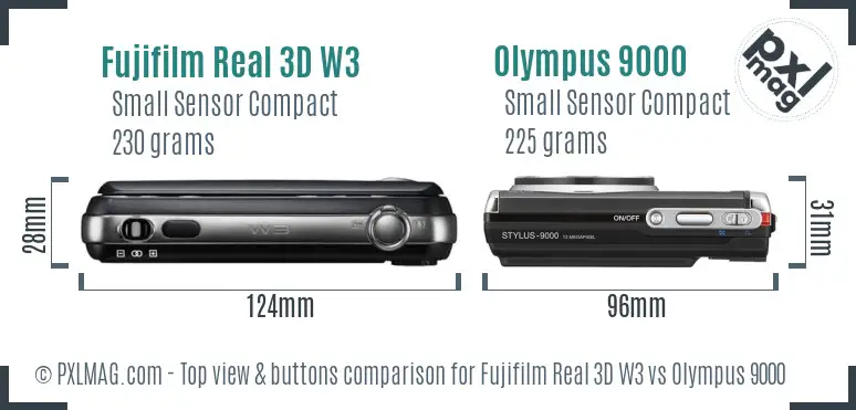 Fujifilm Real 3D W3 vs Olympus 9000 top view buttons comparison Fujifilm Real 3D W3 vs Olympus 9000 top view buttons comparison