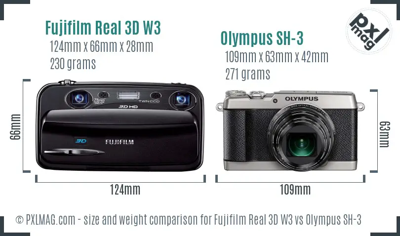 Fujifilm Real 3D W3 vs Olympus SH-3 size comparison