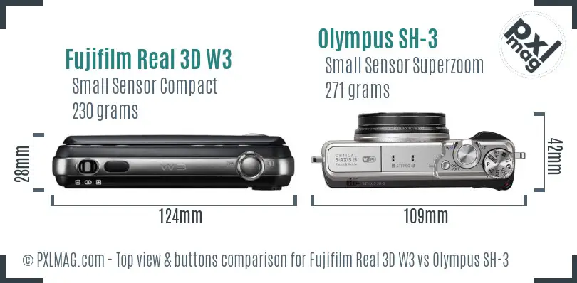 Fujifilm Real 3D W3 vs Olympus SH-3 top view buttons comparison