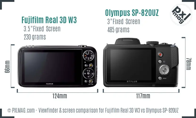 Fujifilm Real 3D W3 vs Olympus SP-820UZ Screen and Viewfinder comparison