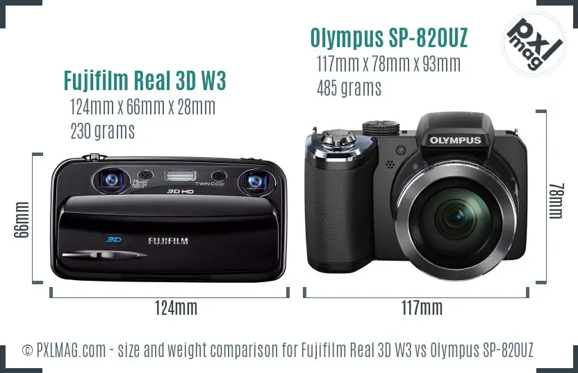 Fujifilm Real 3D W3 vs Olympus SP-820UZ size comparison