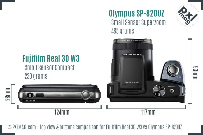 Fujifilm Real 3D W3 vs Olympus SP-820UZ top view buttons comparison