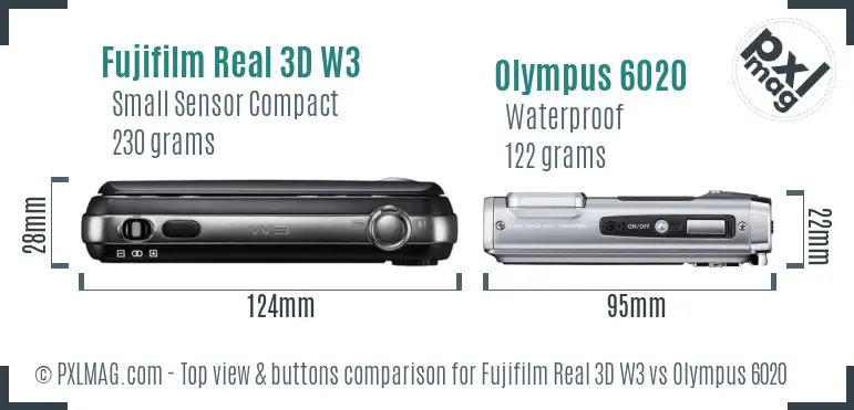 Fujifilm Real 3D W3 vs Olympus 6020 top view buttons comparison Fujifilm Real 3D W3 vs Olympus 6020 top view buttons comparison