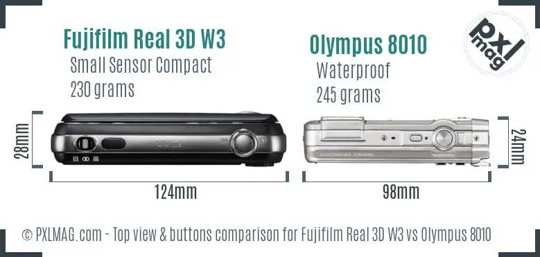 Fujifilm Real 3D W3 vs Olympus 8010 top view buttons comparison
