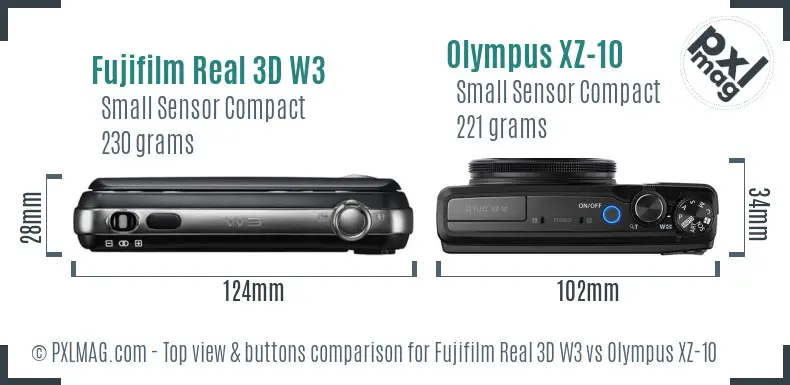 Fujifilm Real 3D W3 vs Olympus XZ-10 top view buttons comparison