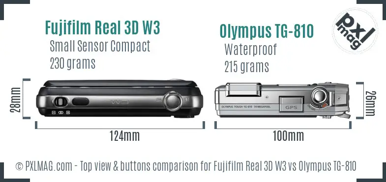 Fujifilm Real 3D W3 vs Olympus TG-810 top view buttons comparison