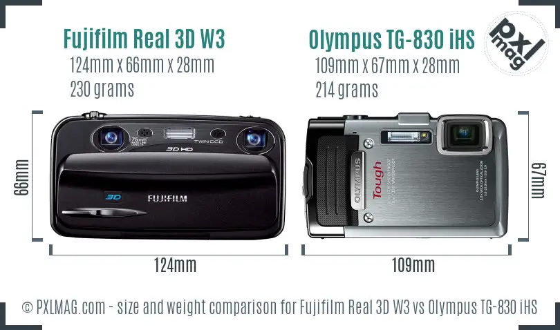 Fujifilm Real 3D W3 vs Olympus TG-830 iHS size comparison