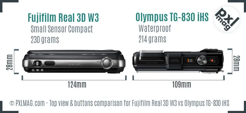 Fujifilm Real 3D W3 vs Olympus TG-830 iHS top view buttons comparison
