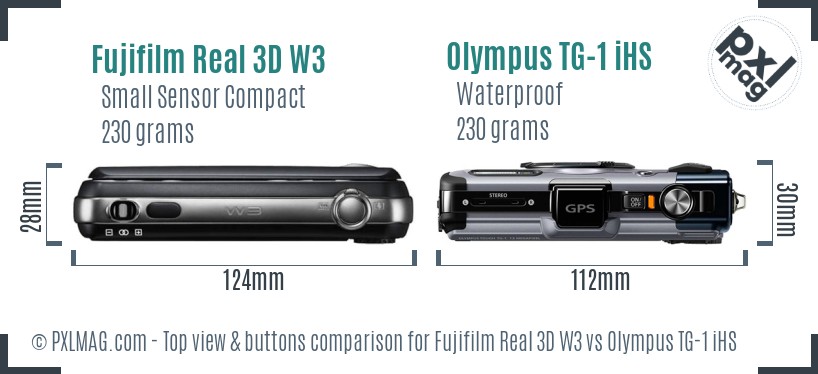 Fujifilm Real 3D W3 vs Olympus TG-1 iHS top view buttons comparison