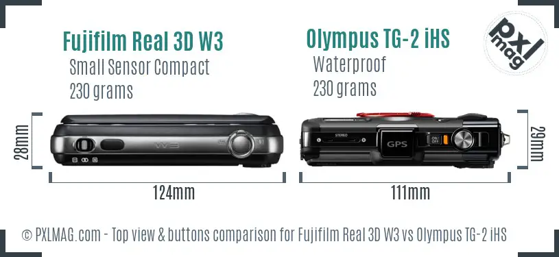 Fujifilm Real 3D W3 vs Olympus TG-2 iHS top view buttons comparison