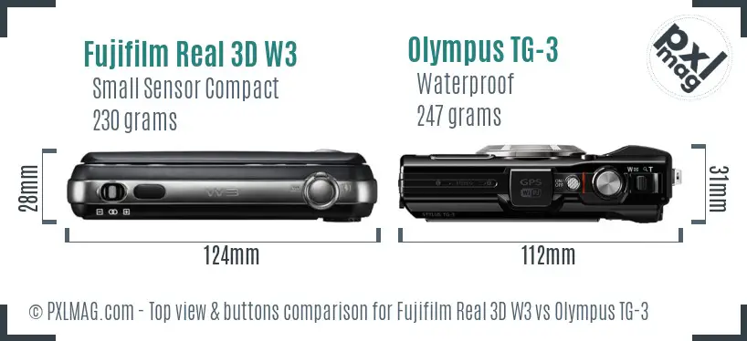 Fujifilm Real 3D W3 vs Olympus TG-3 top view buttons comparison Fujifilm Real 3D W3 vs Olympus TG-3 top view buttons comparison