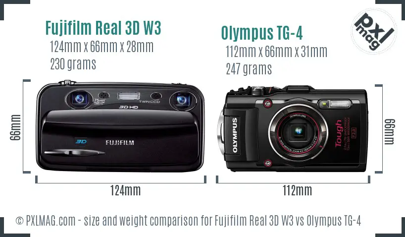 Fujifilm Real 3D W3 vs Olympus TG-4 size comparison