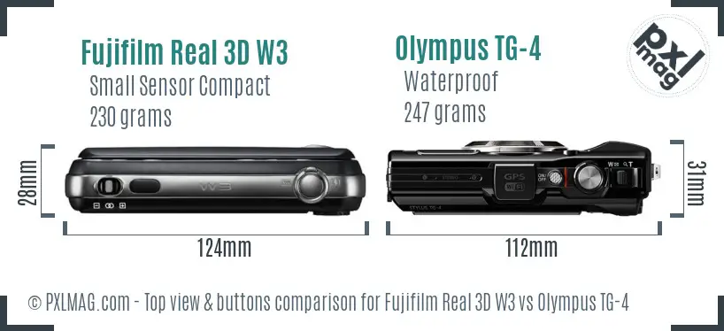 Fujifilm Real 3D W3 vs Olympus TG-4 top view buttons comparison