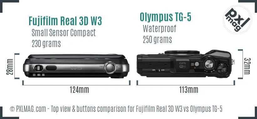 Fujifilm Real 3D W3 vs Olympus TG-5 top view buttons comparison