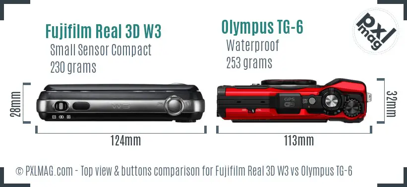 Fujifilm Real 3D W3 vs Olympus TG-6 top view buttons comparison