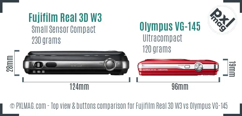 Fujifilm Real 3D W3 vs Olympus VG-145 top view buttons comparison Fujifilm Real 3D W3 vs Olympus VG-145 top view buttons comparison