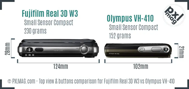 Fujifilm Real 3D W3 vs Olympus VH-410 top view buttons comparison