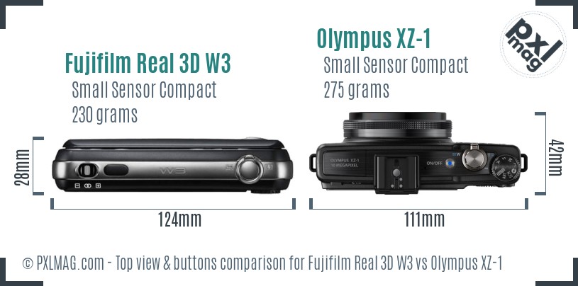 Fujifilm Real 3D W3 vs Olympus XZ-1 top view buttons comparison