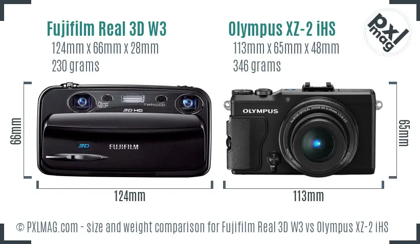 Fujifilm Real 3D W3 vs Olympus XZ-2 iHS size comparison