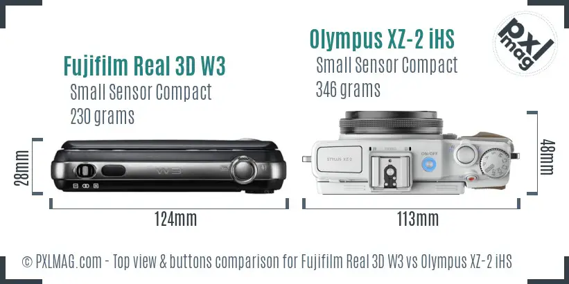 Fujifilm Real 3D W3 vs Olympus XZ-2 iHS top view buttons comparison