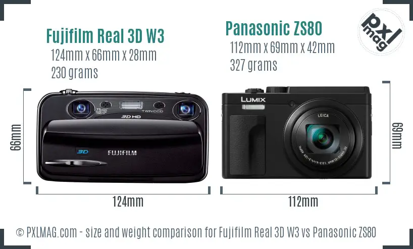 Fujifilm Real 3D W3 vs Panasonic ZS80 size comparison