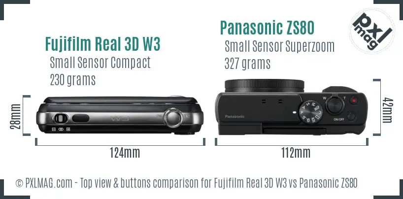Fujifilm Real 3D W3 vs Panasonic ZS80 top view buttons comparison