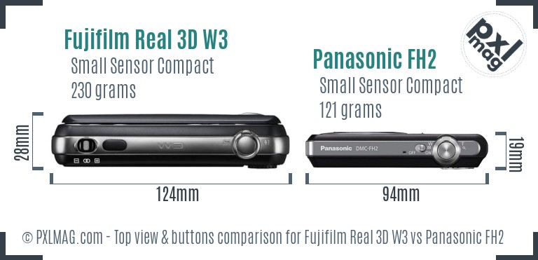 Fujifilm Real 3D W3 vs Panasonic FH2 top view buttons comparison
