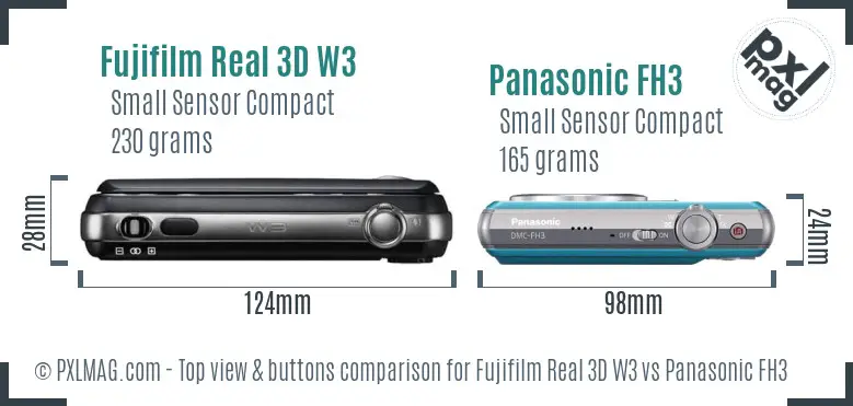 Fujifilm Real 3D W3 vs Panasonic FH3 top view buttons comparison