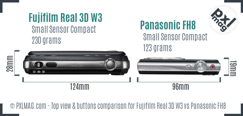 Fujifilm Real 3D W3 vs Panasonic FH8 top view buttons comparison