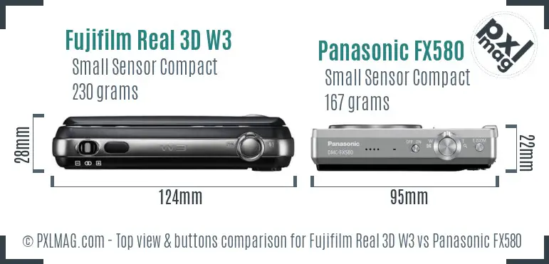 Fujifilm Real 3D W3 vs Panasonic FX580 top view buttons comparison Fujifilm Real 3D W3 vs Panasonic FX580 top view buttons comparison