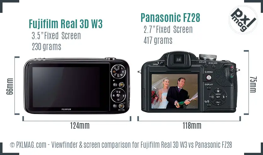 Fujifilm Real 3D W3 vs Panasonic FZ28 Screen and Viewfinder comparison Fujifilm Real 3D W3 vs Panasonic FZ28 Screen and Viewfinder comparison