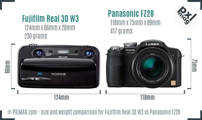Fujifilm Real 3D W3 vs Panasonic FZ28 size comparison Fujifilm Real 3D W3 vs Panasonic FZ28 size comparison